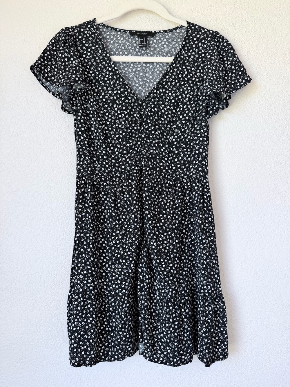 Forever 21 Ditsy Floral Mini Dress Black White Babydoll Cottagecore XS